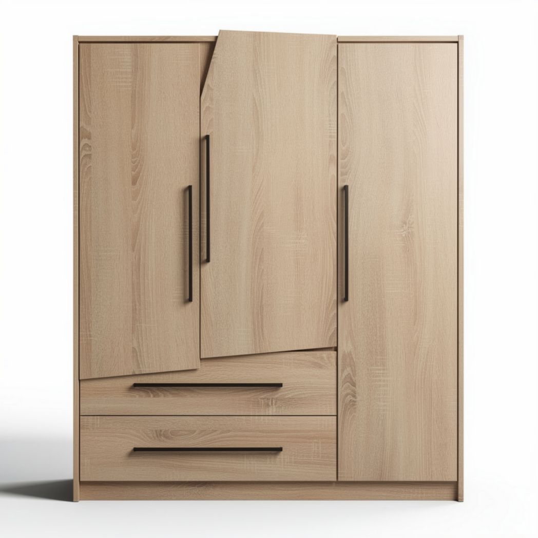 Guarda-roupa de madeira em tom claro com 3 portas e 2 gavetas 150 x 50 x 200cm